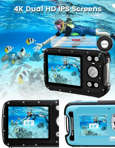 Vista 5 de Cámara subacuática 4K 48MP Autofocus Selfie Cámara impermeable de doble pantalla con correa flotante y tarjeta de 32 GB, cámara digital compacta
