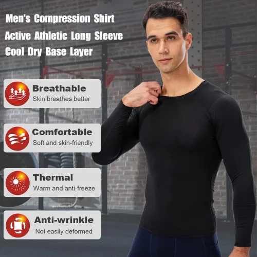 Vista 2 de EARGFM Camisetas deportivas de compresión de manga larga para hombre, para correr, entrenamiento, capa base elástica, camisetas deportivas frescas
