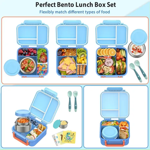 Vista 6 de Lonchera Bento para niños con contenedor térmico de sopa de 9 onzas, a prueba de fugas, 4 compartimentos con tarro de comida caliente aislado