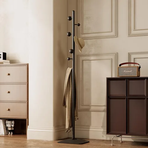 Vista 10 de Perchero, soporte de metal para percheros, árbol de abrigo independiente resistente con 8 ganchos y base de hierro fundido para abrigos, sombrero