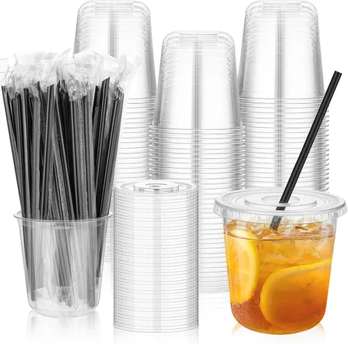 Vista 10 de tchrules Juego de 100 vasos de plástico negro de 12 onzas con tapas y pajitas, taza de café helado desechable con tapa, parte inferior redonda