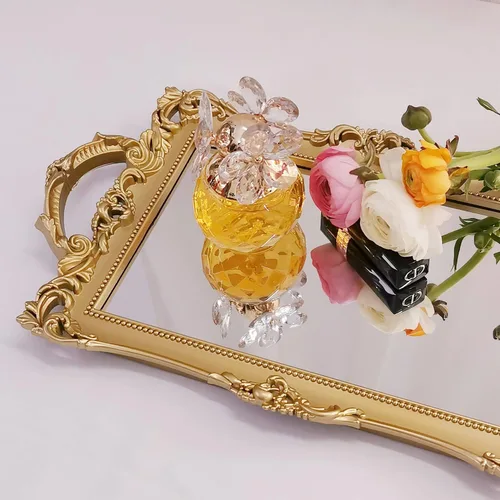 Vista 6 de Bandeja Espejo Decorativa Rectangular Pequeña, Estilo Francés, Organizador de Maquillaje, Organizador de Joyas, Bandeja para Servir, 13" x 7.8