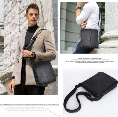 Vista 7 de Leathario Bolso cruzado para hombre, de cuero vegano, pequeño, bolso de hombro, bolso lateral para trabajo, negocios, viajes diarios, Negro-1042