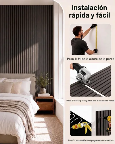 Vista 8 de Paneles de pared de listones de madera acústica – Paquete de 4 paneles de pared de 94.5 x 7.9 pulgadas con reducción de ruido y absorción de sonido