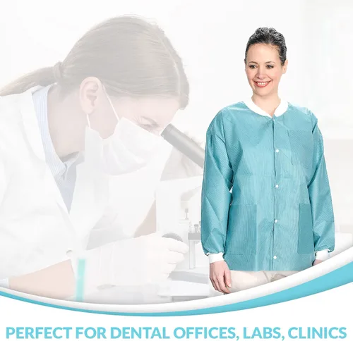 Vista 5 de Paquete de 10 chaquetas desechables de laboratorio, chaqueta médica reutilizable hasta la cadera, unisex, con puños de punto y bolsillos