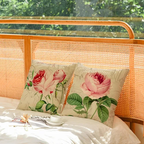 Vista 4 de Juego de 4 fundas de almohada decorativas de color rosa de 16 x 16 pulgadas, fundas de almohada cuadradas con flores de primavera y verano