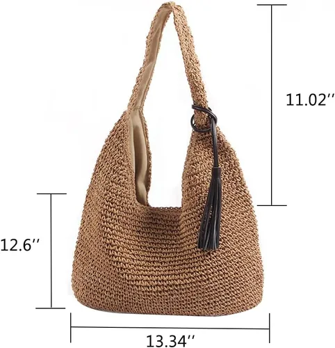 Vista 3 de Bolso de hombro de paja grande suave tejido a mano con borlas negras Boho paja asa tote retro verano playa bolsa de ratán bolso