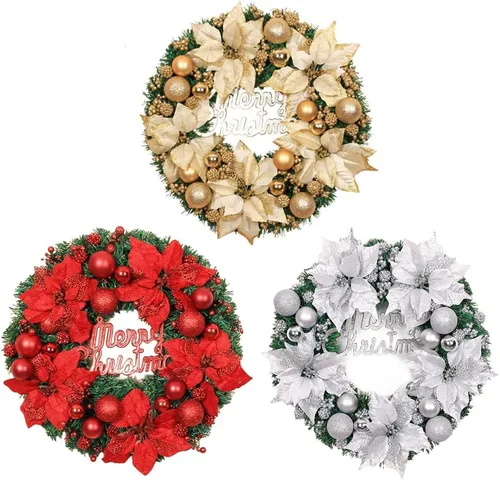 Vista 6 de Ochine Corona de bolas de Navidad de 16 pulgadas, guirnalda de Navidad artificial, decoración de fiesta para el hogar, puerta delantera, decoración