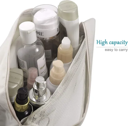 Vista 4 de Trawila Neceser colgante de viaje, bolsa de cosméticos, organizador de maquillaje para hombres y mujeres con gancho resistente, Beige, Moda