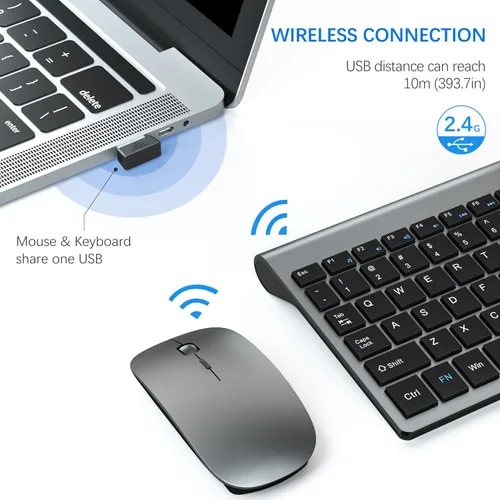 Vista 3 de Combo de teclado y mouse inalámbrico ultradelgado, TopMate 2.4G, mouse USB compacto silencioso de 2400DPI y teclado con interruptor de tijera