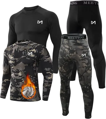 Vista 7 de MEETYOO Ropa interior térmica para hombre, capa base para hombre, 2 juegos de calzoncillos largos forrados con equipo de caza 2 camuflajes negros