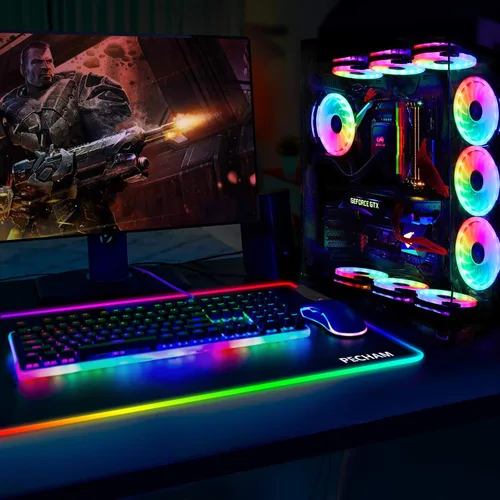 Vista 6 de PECHAM Alfombrilla de mouse RGB para juegos con 4 puertos USB y 14 luces LED alfombrilla de mouse grande extra extendida de 0157in base de goma
