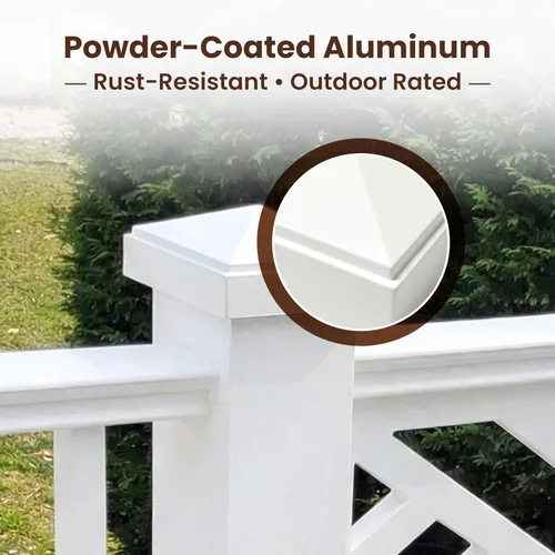 Vista 3 de Tapa de poste piramidal de aluminio de 2 x 2 pulgadas para postes de metal, ajuste a presión, color blanco con recubrimiento en polvo, resistente al