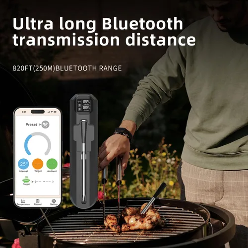 Vista 4 de Termómetro inalámbrico Bluetooth para carne, rango de 820 pies, pantalla digital VA HD, lectura instantánea, sonda impermeable para parrilla, horno