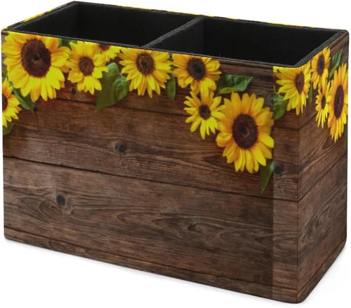 Vista 7 de Soporte para bolígrafos, soporte para lápices para organizador de escritorio, girasol floral de madera, tazas de cuero sintético, almacenamiento