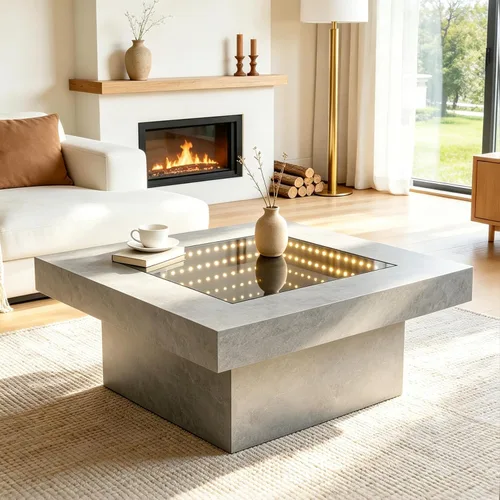 Vista 10 de FKWin Mesas de centro modernas negras – Mesa de centro cuadrada con espejo de profundidad infinita con luces LED, mesa negra para sala de estar