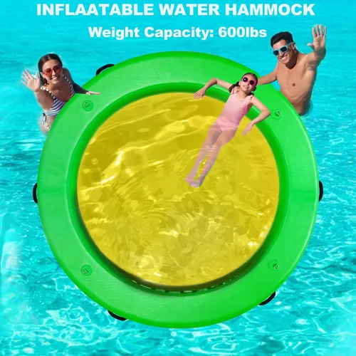 Vista 7 de Water Hammock Inflatable Dock, 3.8ft/6ft/8ft Floating Raft Circular Water Island, Float Rings Air Mesh Platform for Lake/River/Swim Pool