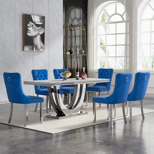 Vista 23 de Mesa de comedor blanca de 68 pulgadas para 4-6, mesa de cocina rectangular moderna con mesa de mármol sintético y base de acero inoxidable plateado