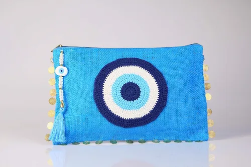 Vista 4 de Karens Ege - Bolsa de mano de yute y arpillera con cierre de cremallera para regalo con cristales y borlas