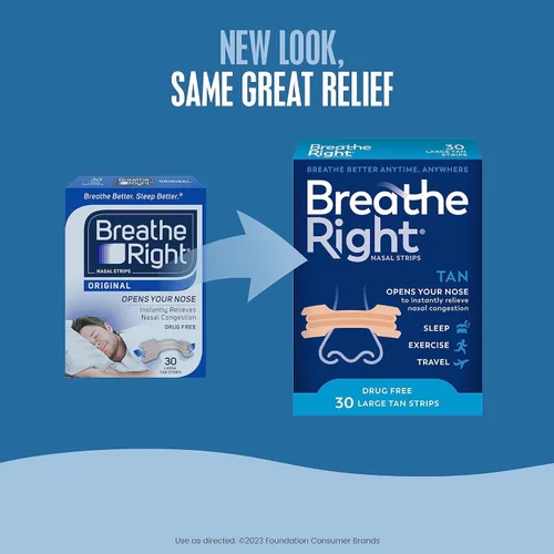 Vista 6 de Breathe Right Tiras nasales para dejar de roncar, sin drogas, bronceado original grande, 30 unidades, 2 paquetes