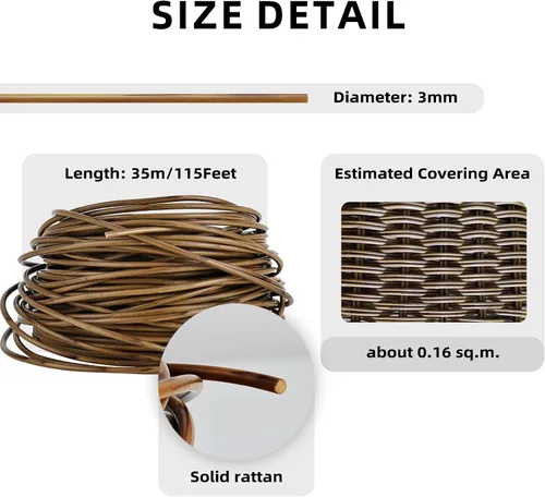 Vista 4 de Feyart mimbre plástico redondo de 35m/115ft 9.8 ft m en color madera, ratán marrón para reparar sofá tejido silla de patio
