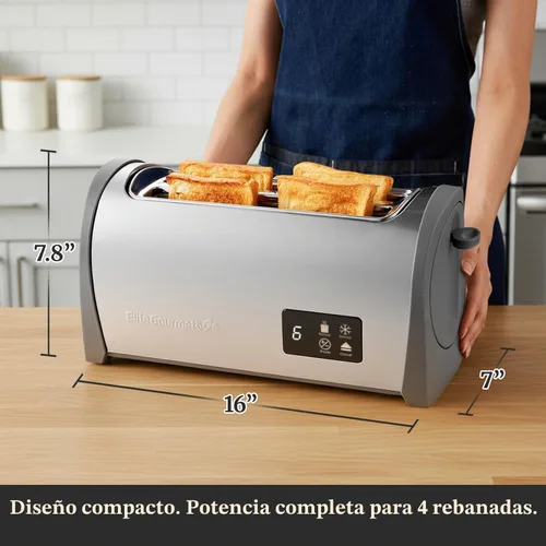 Vista 7 de Nuevo Elite Gourmet ECT4200D Tostador Digital de Ranura Larga de 4 Rebanadas, Pantalla Táctil, 6 Tonos de Tostado, Funciones de Descongelar