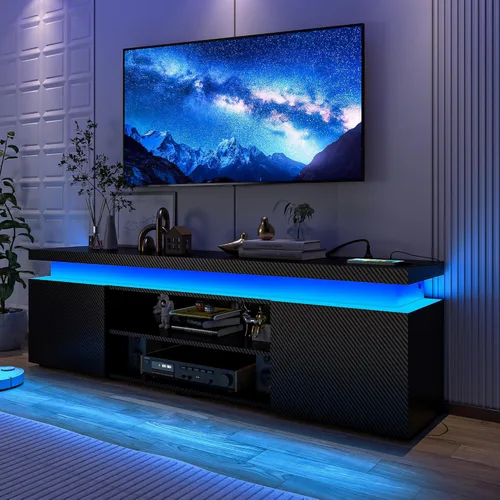Vista 11 de Hlivelood Soporte de TV LED para TV de 75 pulgadas, moderno soporte de TV con toma de corriente, consola de TV de alto brillo con almacenamiento