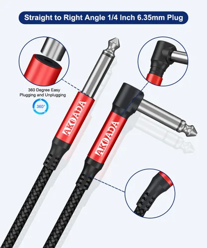 Vista 2 de AkoaDa Cable de guitarra de 1/4 de 20 pies, paquete de 2 unidades, cable TS para guitarra eléctrica de ángulo recto compatible con guitarra, bajo