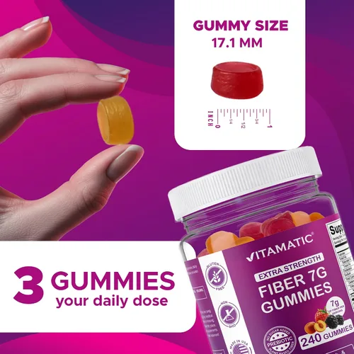 Vista 4 de Vitamatic Gomitas de fibra prebiótica para adultos, 7G de fuerza extra, sin azúcar añadida, 240 gomitas a base de pectina, apoyo para la salud