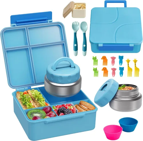 Vista 11 de Lonchera Bento con termo de sopa de 9.5 onzas, a prueba de fugas, 4 compartimentos, con cupcake de silicona, tenedor de frutas, cuchara y taza
