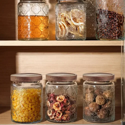 Vista 6 de Tarro de almacenamiento de vidrio de 24 onzas/4 piezas con tapas herméticas de madera de bambú, juegos de recipientes de alimentos vintage