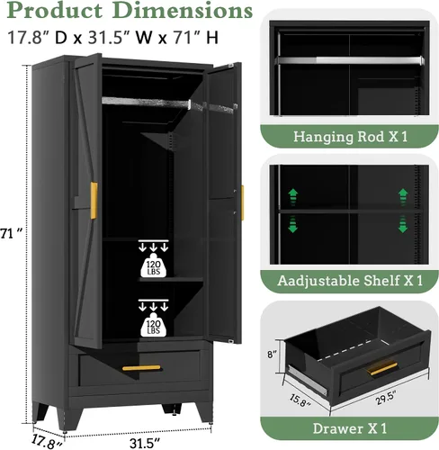 Vista 7 de Armario de metal de 71 pulgadas de alto, 17.7 pulgadas de profundidad por 31.5 pulgadas de ancho, armario portátil para colgar ropa, armario