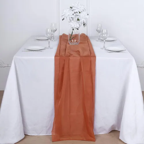 Vista 8 de Tableclothsfactory Camino de mesa de gasa de amatista de 22 x 80 pulgadas para bodas, fiestas, banquetes, decoración, ajuste rectangular y mesa