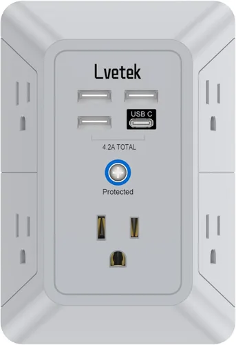 Vista 7 de Extensor de tomacorriente, protector de sobretensiones con 5 enchufes múltiples y 4 puertos USB (2 USB C), cargador de pared de regleta