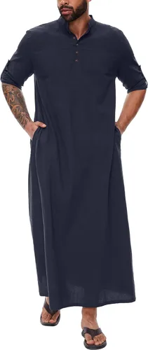 Vista 6 de YAOHUOLE Kaftan para hombre - Batas árabes islámicas con botones Blanco