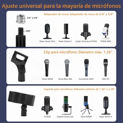 Vista 4 de BILIONE Soporte de micrófono de escritorio para grabación de podcasts, soporte de micrófono ajustable de altura de 9-16.5 pulgadas para escritorio