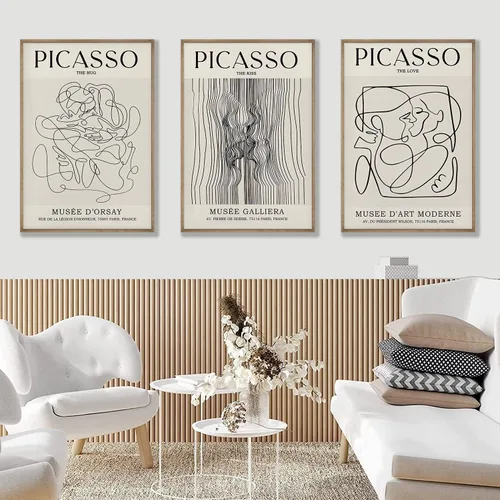 Vista 5 de Picasso - Póster de pared abstracto de líneas femeninas para dormitorio, Picasso The Kiss, The Love, The Hug, juego de decoración de pared, pintura