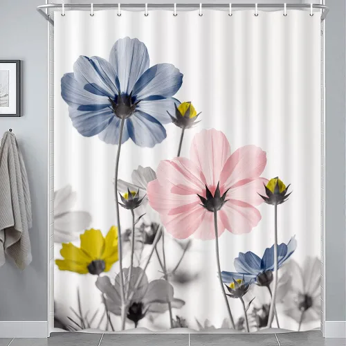 Vista 25 de MERCHR Cortina única floral azul para decoración de baño, cortina de ducha estilo granja con flores de margarita azul y gris elegantes y diseño