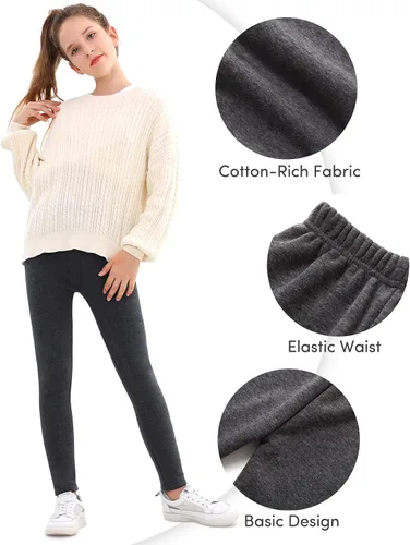 Vista 5 de Domee Leggings con forro polar para niñas, pantalones de invierno de algodón, paquete de 2 unidades, cálidos y gruesos, cintura alta, negro + gris