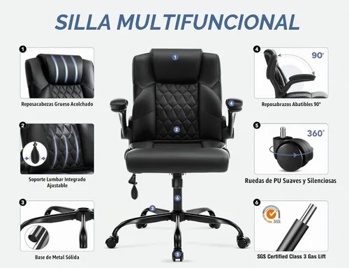 Vista 5 de Silla de oficina,Silla ejecutiva de escritorio para computadora,Negro Soporte lumbar inflable,Cuero PU suave,Reposabrazos