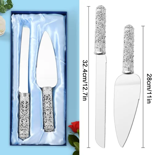 Vista 3 de Juego de cuchillo y servidor de plata para boda, juego de 2 piezas de postre con mango de metal con piedras de cristal para decoración de bodas