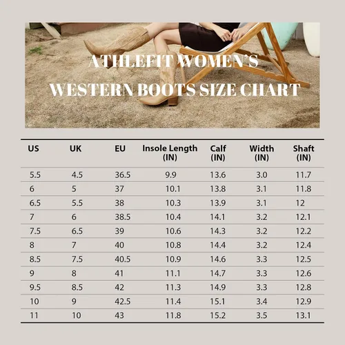 Vista 6 de Athlefit Botas vaqueras para mujer, botas vaqueras occidentales, a la moda, bordadas, punta puntiaguda, tacón grueso, botas de media pantorrilla