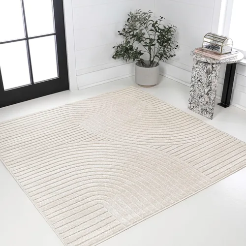 Vista 18 de Eyely NCS100D-3 - Alfombra de área para interiores/exteriores Hallie, diseño minimalista de curvas geométricas altas y bajas, beige/crema, 3 pies x