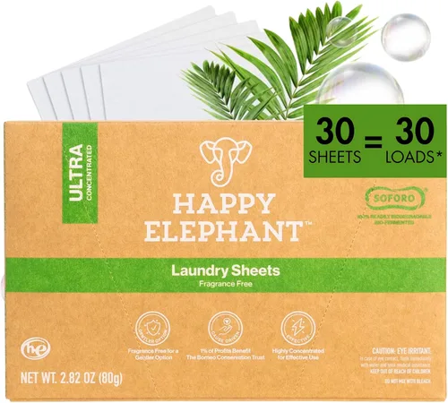 Vista 9 de Happy Elephant Hojas de detergente para ropa, sin fragancia, hojas de lavandería naturales biodegradables, a base de plantas, resistentes a