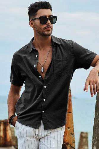 Vista 150 de JMIERR Camisas de vestir a rayas con botones y manga corta para hombre