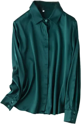 Vista 12 de Women's Satin Silk Buttons Down Long Sleeve Solid Dress Shirts Top Soft Blouse Collar Office Work