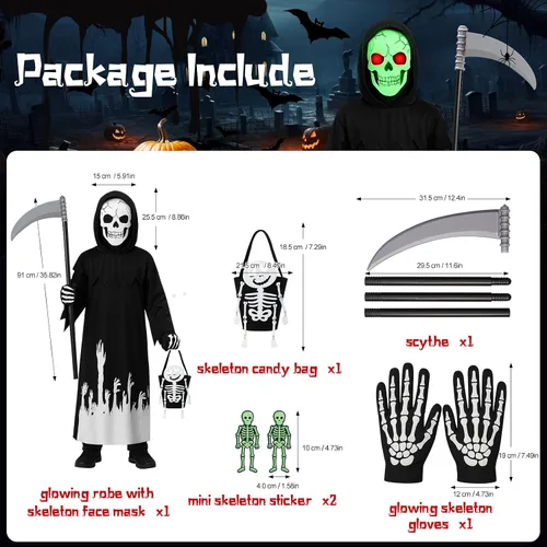 Vista 2 de MEJORMEN Disfraz de parca que brilla en la oscuridad para niños y niños, disfraz de fantasma aterrador de Halloween con guadaña, máscara de calavera