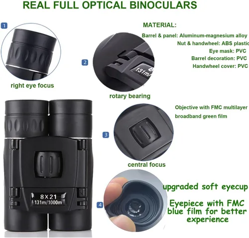 Vista 2 de Binoculares compactos de 8 x 21 para adultos y adolescentes, mini prismáticos ópticos completos pequeños para observación de aves, ópera, Negro