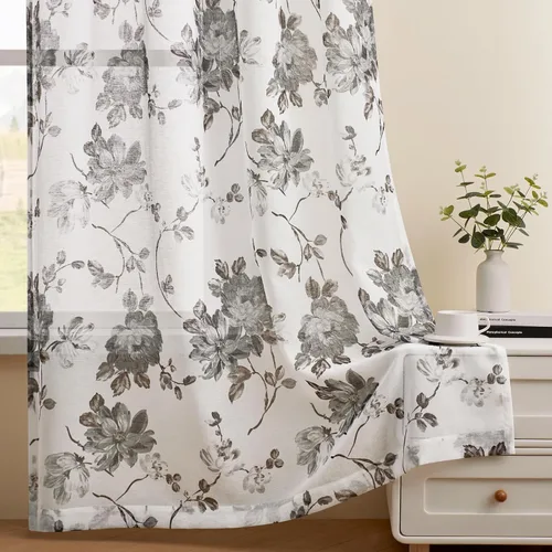 Vista 15 de FOLKSIDE - Cortinas florales azules, 63 pulgadas de largo, juego de 2 paneles, bolsillo para barra, cortinas florales semitransparentes
