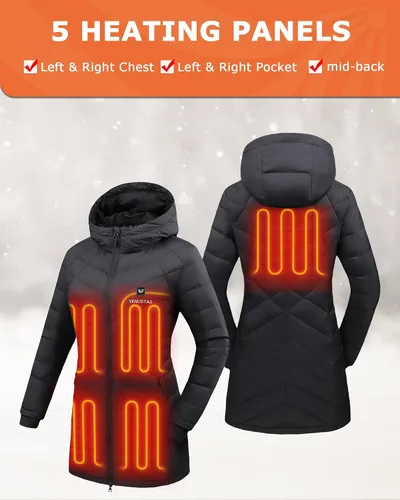 Vista 2 de Venustas Women's Heated Long Jacket with 90% Duck Down, 7.4V Battery Pack, Electric Heated Puffer Coat For Skiing Camping